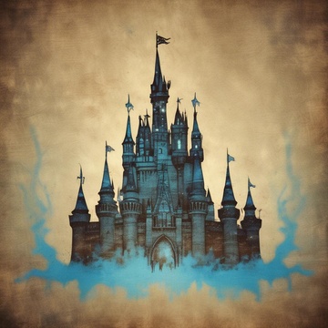 Decaying Disney castle over sepia